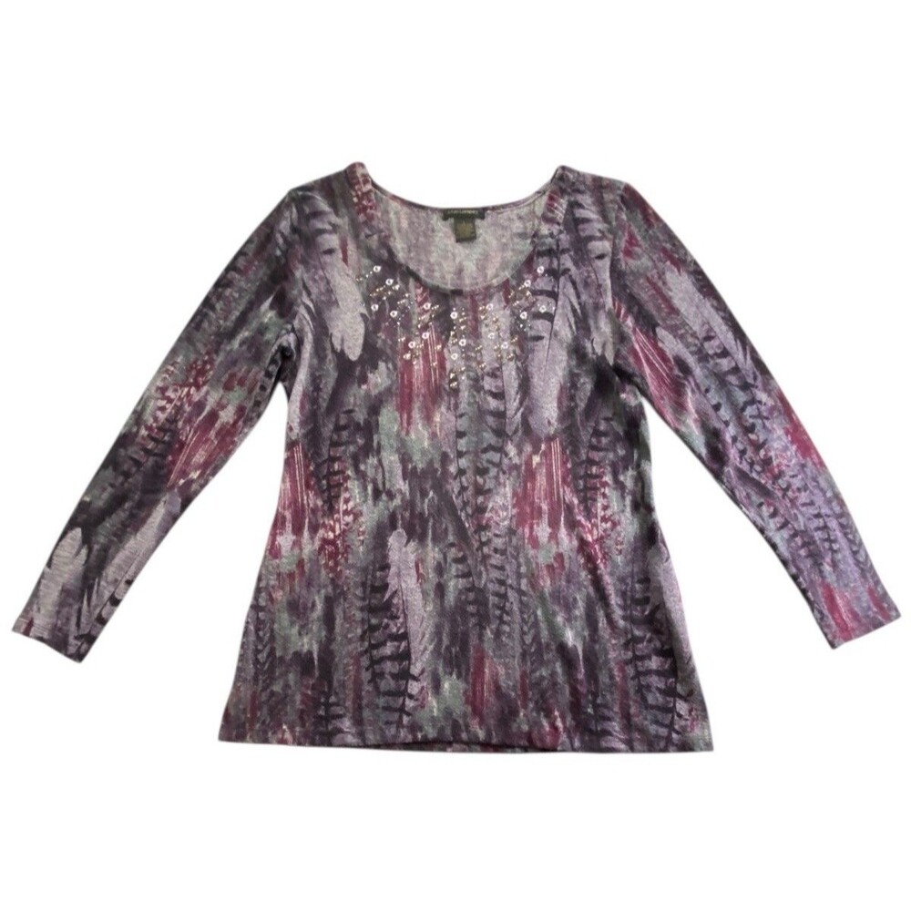Susan Lawrence Womens Large Beaded Embellished Stretch Knit Top Purple Abstract